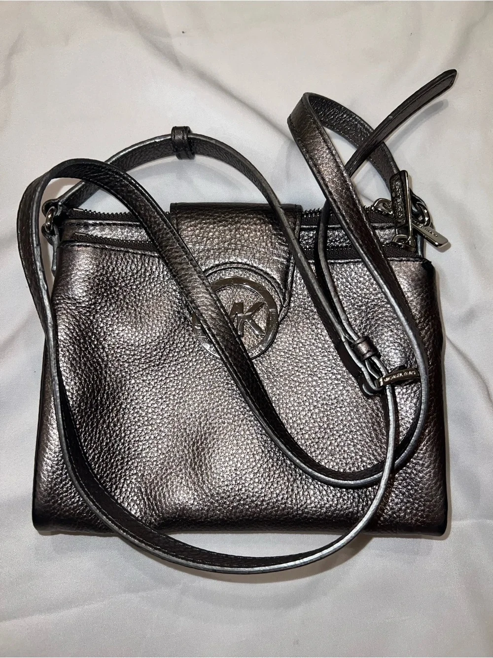 Michael Kors Metallic Charcoal Pebbled Leather Crossbody Bag